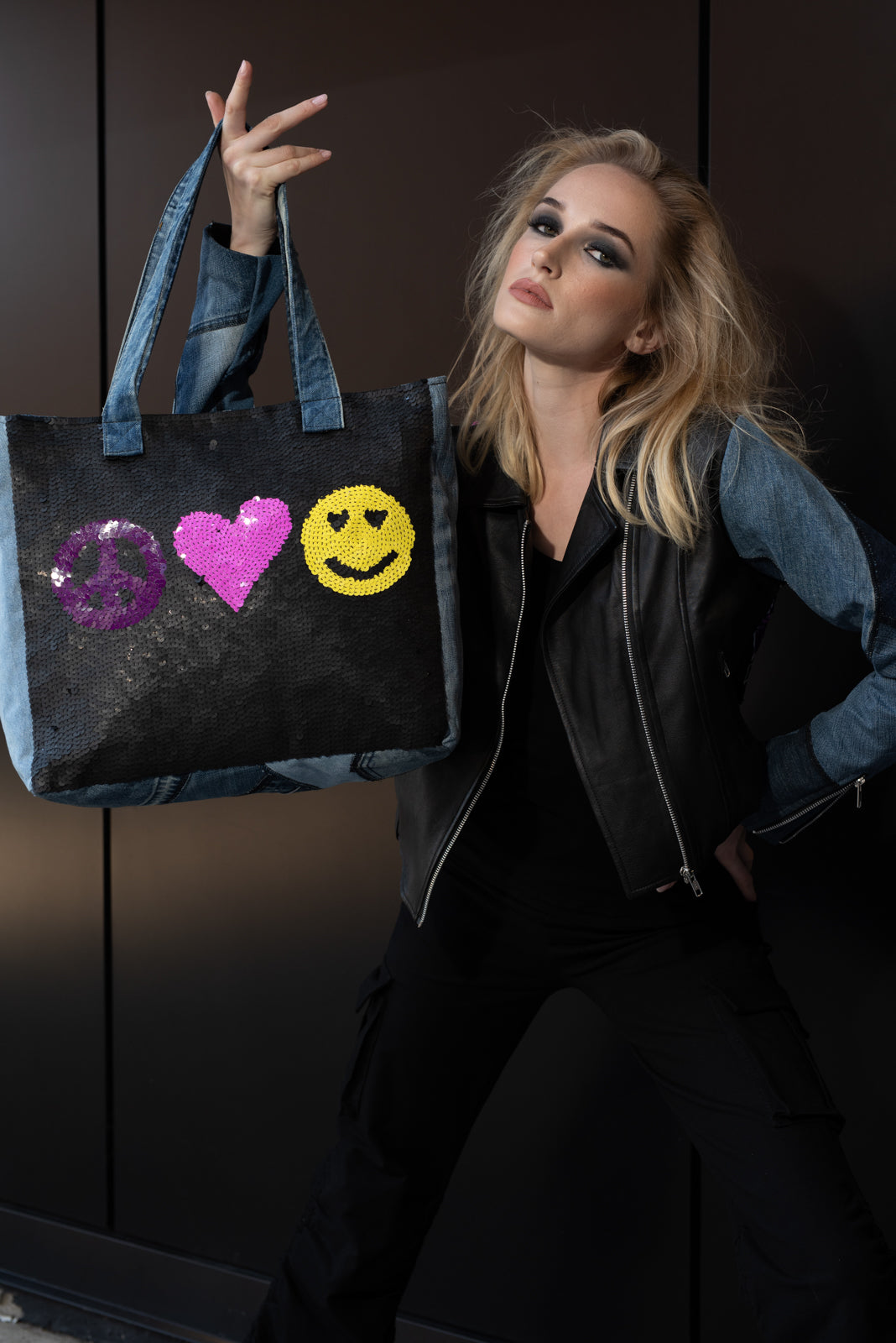 Designer Denim Bag Peace Love Smile