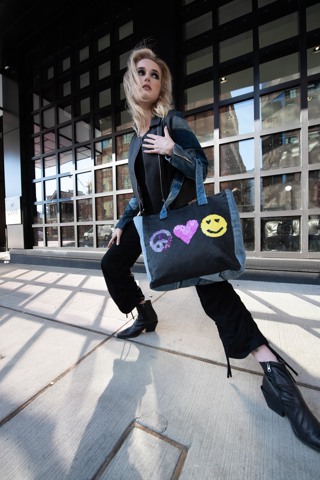Designer Denim Bag Peace Love Smile