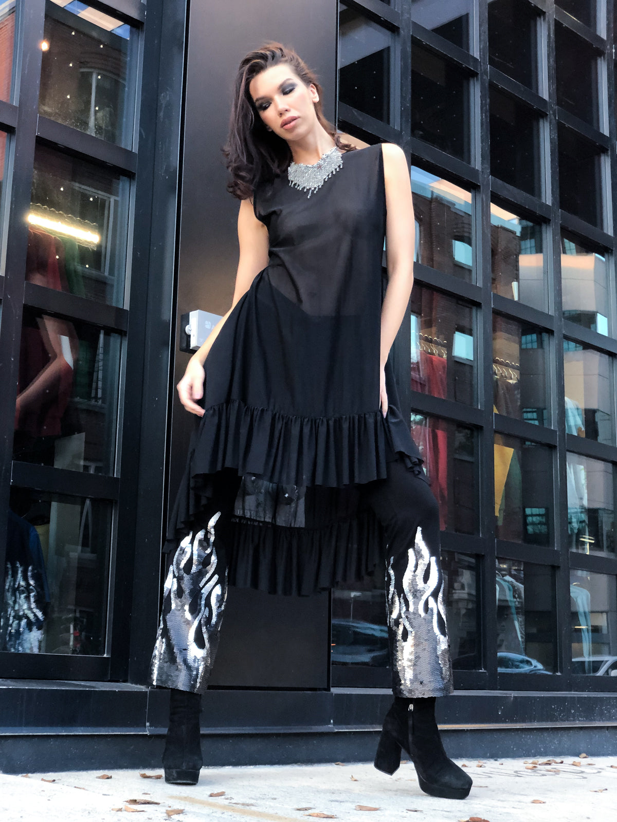 Ruffle Mesh Dress Black