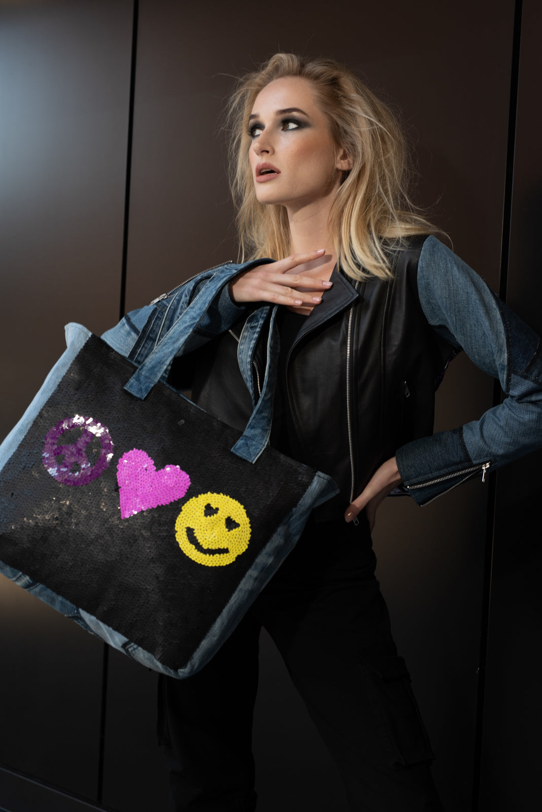 Designer Denim Bag Peace Love Smile