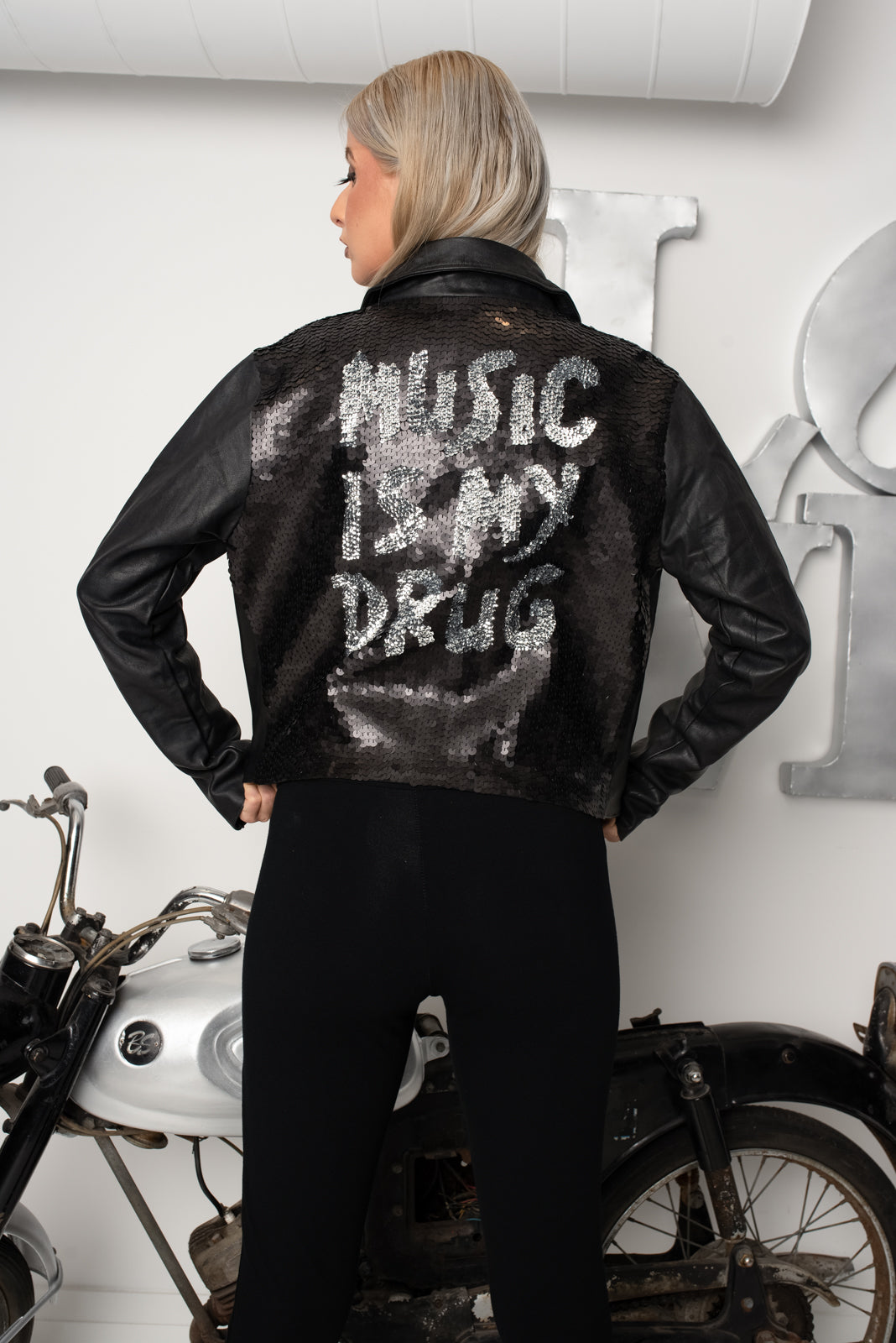 Biker Jacket Music Is My Drug Silver