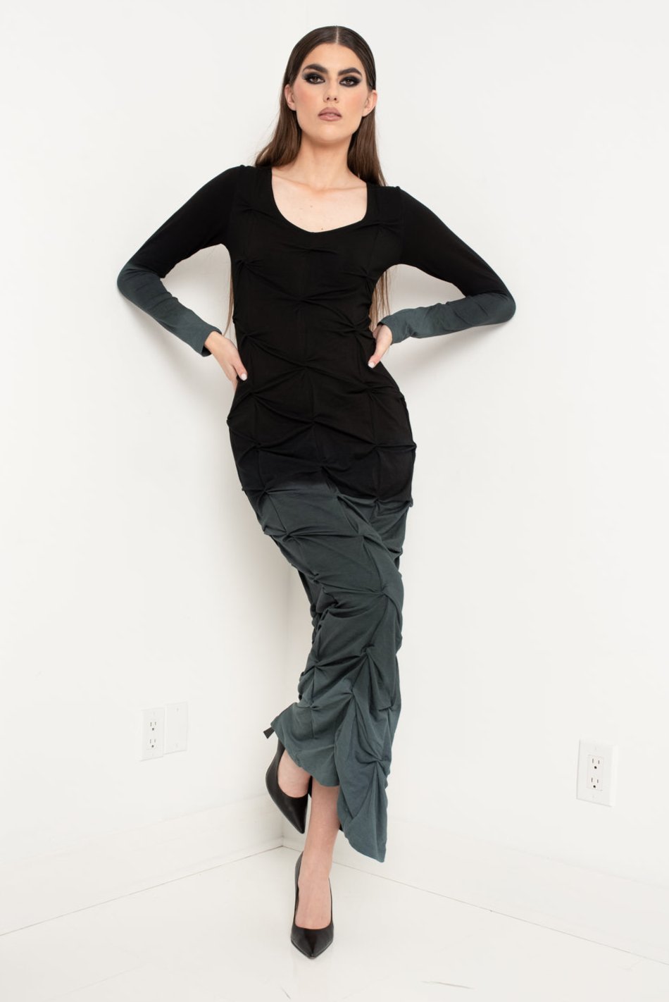 Ruched Maxi Dress Watercolour Black