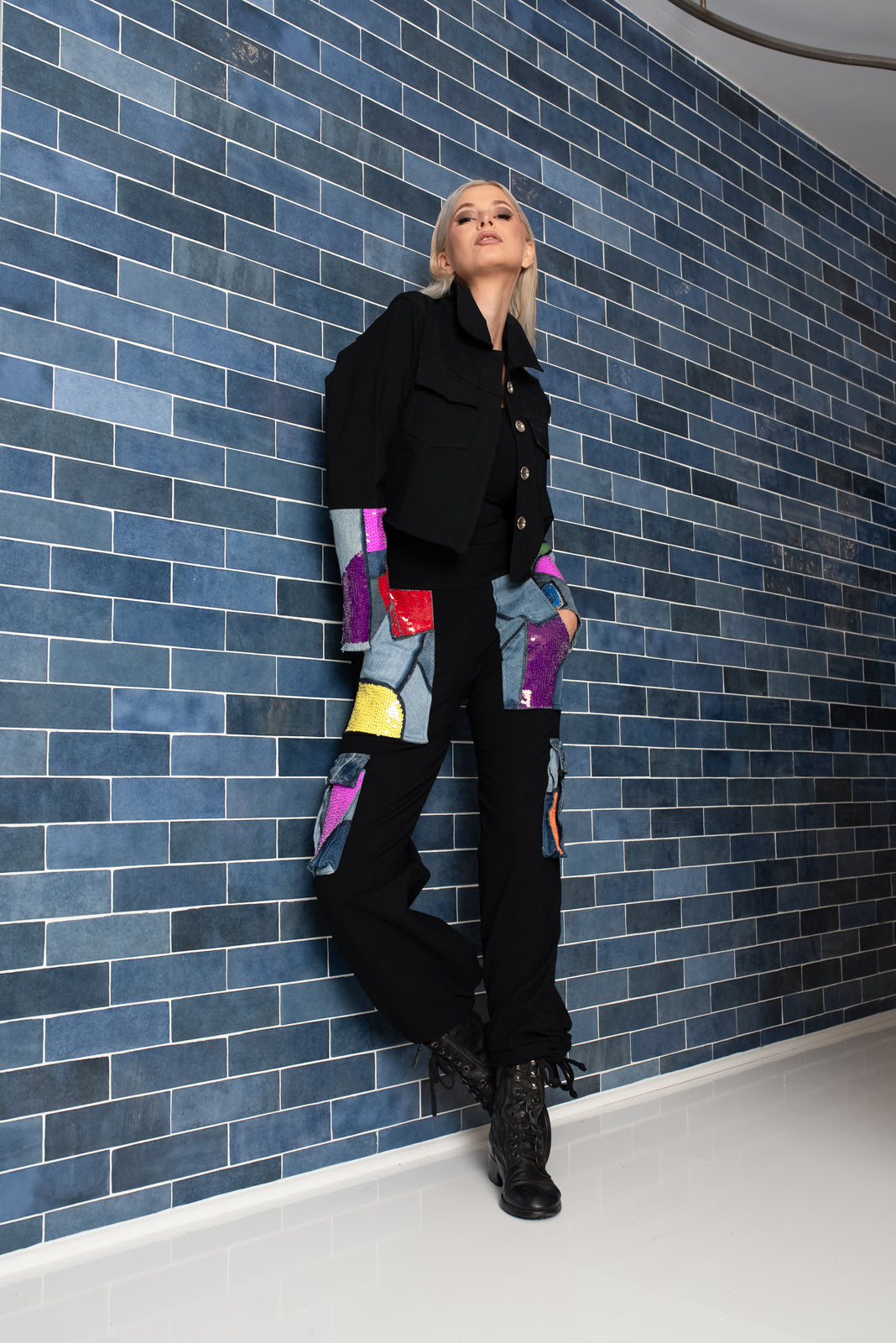Cargo Pant Double Pockets Remix Denim Beaded