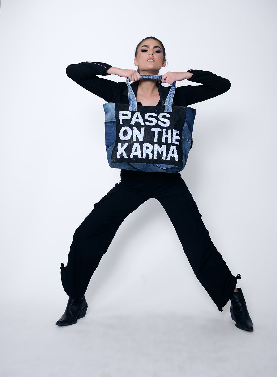 Designer Denim Bag Pass On The Karma B/W